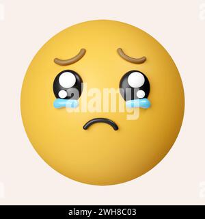 icona 3d crying face (faccia piangente). Emoji giallo con la bocca aperta, lacrime che gli rifluiscono dagli occhi chiusi. icona isolata su sfondo grigio. rendering 3d. Foto Stock