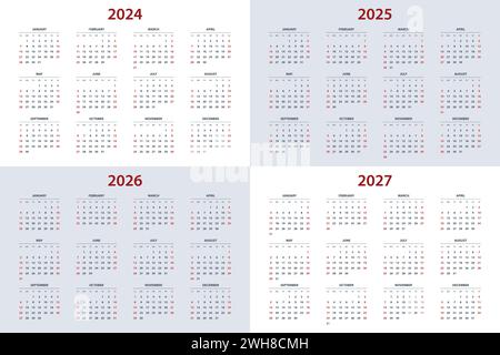 Modello di calendario per l'anno 2024, 2025, 2026, 2027. Griglia a calendario da parete in stile minimalista. La settimana inizia domenica. Illustrazione Vettoriale