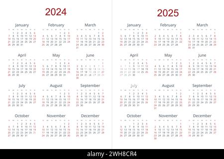 Modello di calendario trimestrale per l'anno 2024, 2025. Griglia a calendario da parete in stile minimalista. La settimana inizia domenica Illustrazione Vettoriale