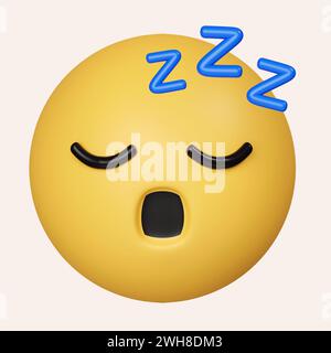 Emoji dormiente 3D. Emoticon russante, faccia gialla ZZZ a occhi chiusi. icona isolata su sfondo grigio. illustrazione del rendering 3d. Tracciato di ritaglio. Foto Stock