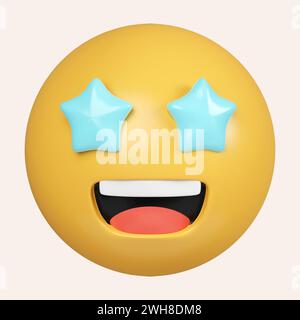 emoji 3d. Emoji dagli occhi stellati. Faccia emoticon eccitata con occhi a forma di stella blu e bocca spalancata felice. icona isolata su sfondo grigio. 3d. Foto Stock