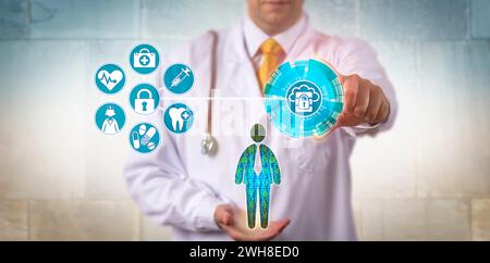 Medico irriconoscibile della medicina che garantisce l'accesso alle cartelle cliniche elettroniche di un paziente di sesso maschile. Concetto IT e sanitario per la sicurezza della virtualizzazione Foto Stock