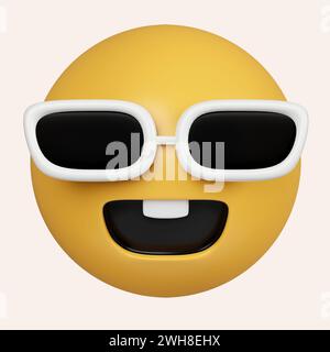 Emoticon 3d Cool. Faccia sorridente con occhiali emoji. Persona felice sorridente che indossa occhiali scuri. icona isolata su sfondo grigio. rendering 3d. Foto Stock