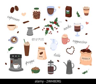 Set vettoriale per i tagliatelle di caffè. Graziosi elementi di design dei cartoni animati. Semplici illustrazioni disegnate a mano. Bevande diverse per il doodle, preparazione di elettrodomestici. Mattina co Illustrazione Vettoriale