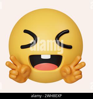 emoji sorriso 3d con due dita. Emoticon che mostra l'icona V. isolata su sfondo grigio. illustrazione del rendering 3d. Tracciato di ritaglio. Foto Stock