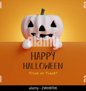 Felice festa di Halloween. Zucca su cartolina di carta arancione con testo per Halloween. Concetto di Halloween. Tradizionale vacanza di ottobre. copia spazio. 3d. Foto Stock