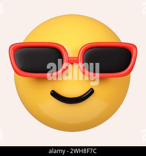 Emoticon 3d Cool. Faccia sorridente con occhiali emoji. Persona felice sorridente che indossa occhiali scuri. icona isolata su sfondo grigio. rendering 3d. Foto Stock