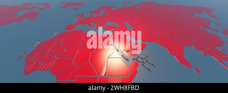 Rotte commerciali geopolitiche: Proiezione astratta delle mappe sulle acque internazionali Foto Stock
