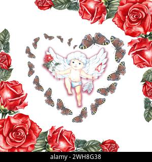 Una cartolina con un piccolo cupido carino con rose e farfalle. Illustrazione ad acquerello disegnata a mano. Per gli amanti, San Valentino e matrimoni. Per il post Foto Stock