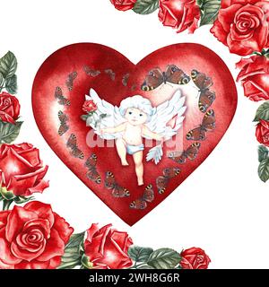 Una cartolina con un piccolo cupido sullo sfondo di un cuore rosso con rose e farfalle. Illustrazione ad acquerello disegnata a mano. Per Valentine Foto Stock