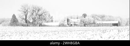 Campo innevato e fattoria con alberi ricoperti di ghiaccio rime in inverno realizzati in bianco e nero a Taylors Falls, Minnesota USA. Foto Stock