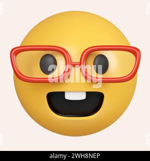 Emoji 3d Nerd Face con occhiali. Emoticon sorridente con occhiali da vista, emoji, sorrisi. icona isolata su sfondo grigio. rendering 3d. Foto Stock