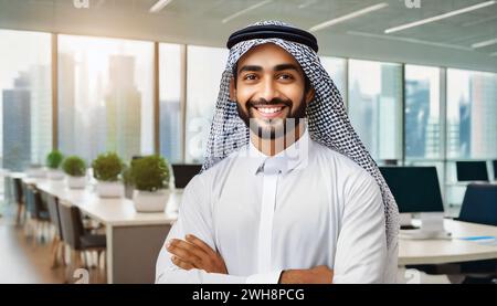 Professionista arabo fiducioso: Uno sguardo ravvicinato di un giovane e bello vestito da uomo in ufficio. Foto Stock