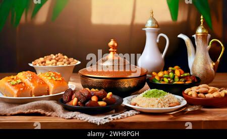 Tavola di abbondanza: Allettante piatto di Iftar Ramadan attende la festa serale' Foto Stock