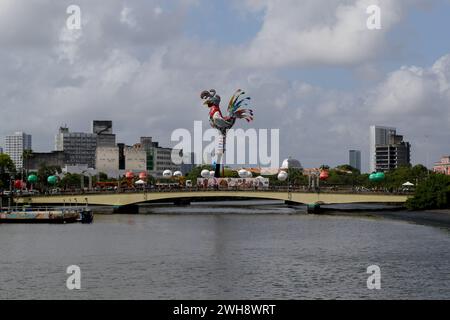 PE - RECIFE - 02/08/2024 - RECIFE, GALO da MADRUGADA - Vista della scultura di Galo da Madrugada sul ponte Duarte Coelho nell'area centrale di Recife (PE), questo giovedì (8). "Giant Rooster of Peace" è stato il concetto scelto per il tradizionale galleggiante gigante allestito durante il Carnevale. L'opera è stata prodotta dall'artista Leopoldo Nobrega e rende omaggio alle popolazioni indigene e agli anziani, oltre a elementi che evocano la lotta contro i pregiudizi, tra cui una cresta grigia, in bianco e argento. La scultura sarà alta 28 metri e peserà otto tonnellate. Foto: Marlon Costa/AGIF (foto di Marlo Foto Stock