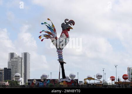 PE - RECIFE - 02/08/2024 - RECIFE, GALO da MADRUGADA - Vista della scultura di Galo da Madrugada sul ponte Duarte Coelho nell'area centrale di Recife (PE), questo giovedì (8). "Giant Rooster of Peace" è stato il concetto scelto per il tradizionale galleggiante gigante allestito durante il Carnevale. L'opera è stata prodotta dall'artista Leopoldo Nobrega e rende omaggio alle popolazioni indigene e agli anziani, oltre a elementi che evocano la lotta contro i pregiudizi, tra cui una cresta grigia, in bianco e argento. La scultura sarà alta 28 metri e peserà otto tonnellate. Foto: Marlon Costa/AGIF (foto di Marlo Foto Stock