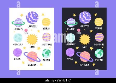 Poster spaziale con simpatici pianeti in stile cartoni animati disegnati a mano. Illustrazione vettoriale Illustrazione Vettoriale