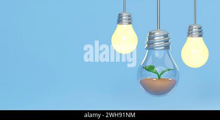 lampadina 3d con pianta. concetto di ecologia e ambiente. Salvare la Terra, proteggere l'ambiente e la vita eco-verde, l'ecologia e la natura proteggere. 3d. Foto Stock