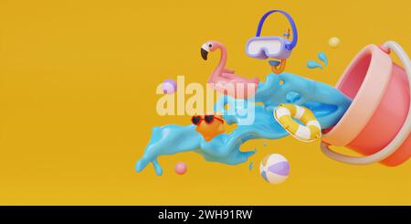 Design di illustrazione 3d per l'estate con spruzzi e colorato accessorio estivo su sfondo giallo. Idea creativa per l'estate. banner illustrativo Foto Stock