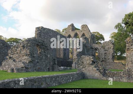 Sito monastico in rovina in Irlanda, edifici in rovina e colonne del monastero cistercense medievale a Inch Abbey Downpatrick Irlanda del Nord in estate. Foto Stock