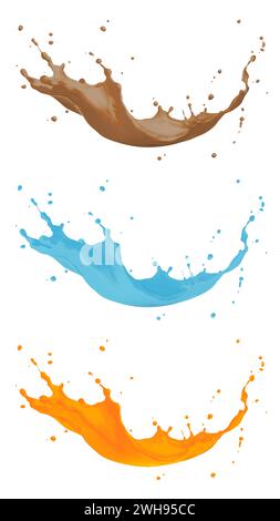 Immagine di spruzzi di liquido con flusso curvo di colore blu, arancione e marrone Foto Stock