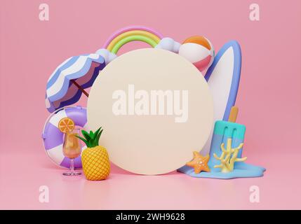 Design di illustrazione 3d per l'estate con cerchio bianco per testo ed elementi colorati da spiaggia. Idea creativa per l'estate. banner illustrativo. 3d. Foto Stock
