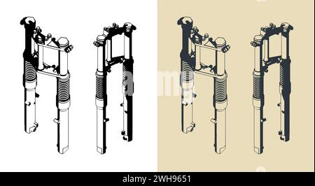 Illustrazioni vettoriali stilizzate di una forcella dello sterzo anteriore con sistema di sospensioni idrauliche Illustrazione Vettoriale