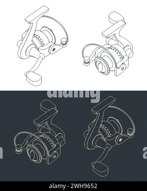 Illustrazioni vettoriali stilizzate di progetti isometrici di bobine da pesca Illustrazione Vettoriale