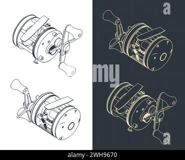 Illustrazioni vettoriali stilizzate di progetti isometrici di bobine da pesca Illustrazione Vettoriale