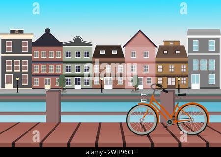 Paesaggio urbano di Amsterdam con antiche case, canali d'acqua, ponte e biciclette. Illustrazione vettoriale. Illustrazione Vettoriale