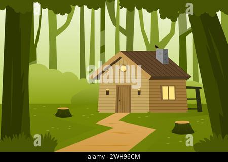 Casa di legno nella foresta. Paesaggio forestale con illustrazione vettoriale cabina. Campagna. Illustrazione Vettoriale