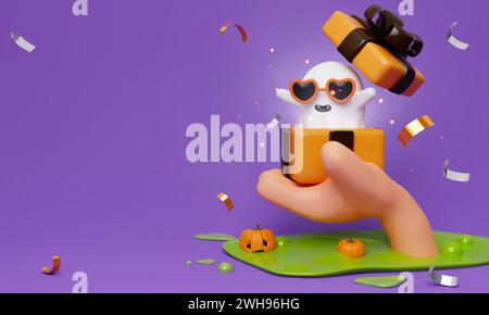 Buon Halloween Festiv. il fantasma in mano emerge da una confezione regalo con palloncino e zucca su sfondo viola. Vigilia dei doni delle feste o vigilia dei Santi Foto Stock