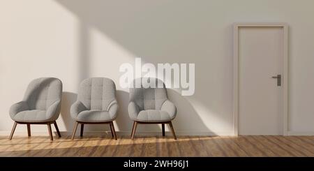 Moderna area d'attesa con pareti bianche, pavimenti in legno e file di morbide sedie grigie. Rendering 3D simulato Foto Stock