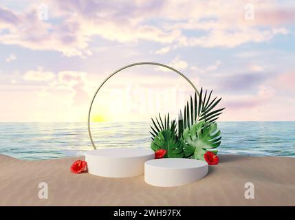 rendering 3d del podio con pianta estiva. Idea creativa di concetto tropicale con spazio di copia. illustrazione del rendering 3d. Foto Stock