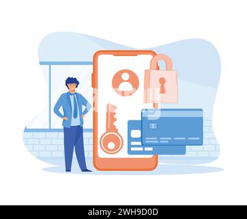 Personaggi che utilizzano i servizi informatici ​​Security proteggere i dati personali. illustrazione moderna vettoriale piatta Illustrazione Vettoriale