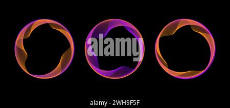 Set di linee circolari di blend al neon. Collezione di cornici tecnologiche colorate e luminose. Linee ondulate curve circolari su sfondo nero. Confezione bordo circolare sfumato arancione brillante. Fascio di elementi di progettazione vettoriali Illustrazione Vettoriale