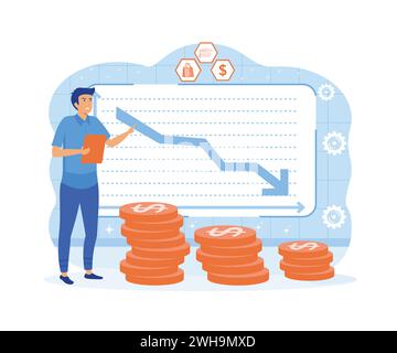 Concetto di crisi finanziaria. Un uomo va in bancarotta e perde soldi, risparmi. illustrazione moderna vettoriale piatta Illustrazione Vettoriale