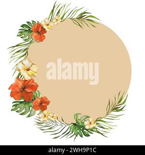 cornice rotonda in acquerello realizzata con fiori di ibisco e rami di palma su sfondo beige. illustrazione ad acquerello fatta a mano. isolato su un backgroun bianco Foto Stock