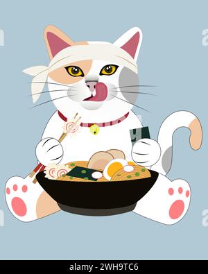 Gatto giapponese affamato che mangia ramen spaghetti con bacchetta Illustrazione Vettoriale