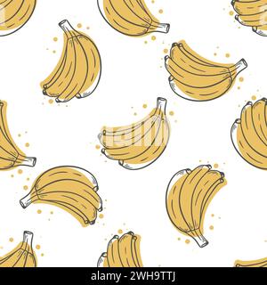 Immagine di sfondo delle banane gialle mature. Motivo senza cuciture con mazzo di banana inciso a mano a inchiostro. Stampa di frutta tropicale per tessuti, imballaggi, carta e design Illustrazione Vettoriale