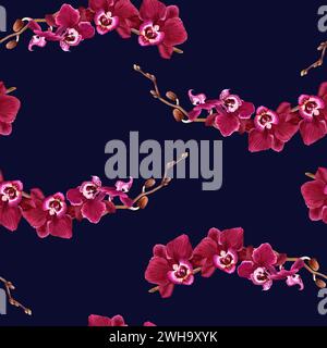 Motivo senza cuciture acquerello con fiori tropicali orchidea Phalaenopsis ramificata in fiori. Per tessuti, tessuti Foto Stock