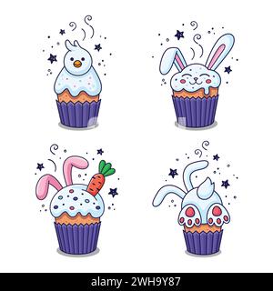 Set di simpatiche illustrazioni pasquali disegnate a mano con torta pasquale, orecchie di coniglio, carote, coniglio, lepre, pulcino in stile cartoni animati. Elementi di design per il cibo di Pasqua. Illustrazione vettoriale. Stile doodle. Illustrazione Vettoriale