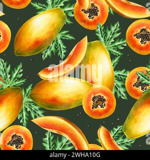 Motivo senza cuciture con dolce fetta matura di papaya con grani, foglie tropicali in stile acquerello. Illustrati biologici realistici e gustosi disegnati a mano Foto Stock