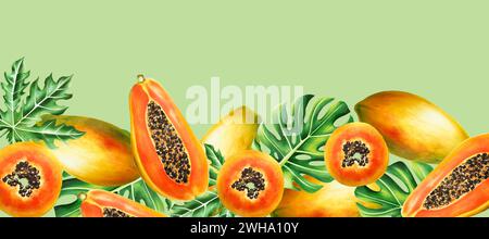 Cornice marcatore, striscione, bordo modello con dolce fetta matura di papaya con grani, foglie tropicali, monstera in stile acquerello. Realistico disegnato a mano Foto Stock