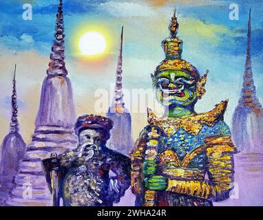 dipinto ad olio gigante guardiani grande palazzo bangkok thailandia Foto Stock