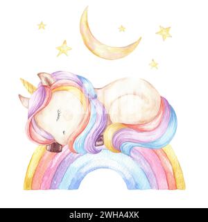 Unicorno che dorme sull'acquerello arcobaleno. Design di personaggi per bambini. Foto Stock