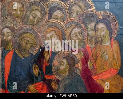 Lavaggio dei piedi degli apostoli da parte di Gesù, predella della Passione del Signore, Francesc viene, 1390-1415, tempera su legno, monastero di Puig de ma Foto Stock