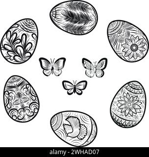Uova di Pasqua e farfalle disegnate isolate su sfondo bianco. Illustrazione Vettoriale