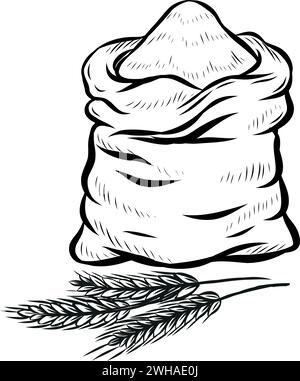 Linee di orecchie di grano e sacchetti di farina isolate su sfondo bianco. Illustrazione Vettoriale