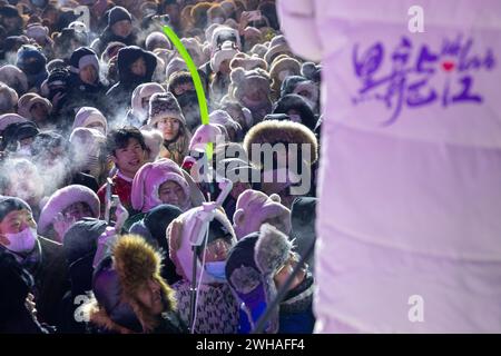 Harbin, la provincia cinese di Heilongjiang. 31 dicembre 2023. I turisti prendono parte a un evento di Capodanno all'Harbin Ice-Snow World di Harbin, nella provincia di Heilongjiang, nella Cina nord-orientale, il 31 dicembre 2023. PER ANDARE CON "China Focus: L'asso del ghiaccio e della neve di Harbin condivide il successo della città" crediti: Zhang Tao/Xinhua/Alamy Live News Foto Stock